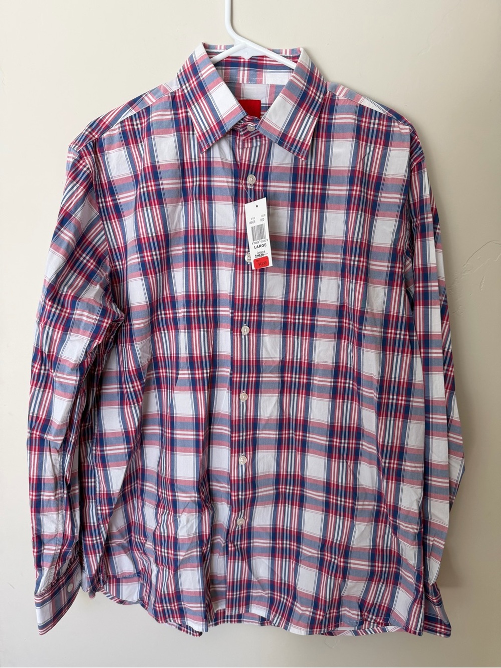 Saks Fifth Avenue Men's Red and Blue Plaid Button-Up Shirt